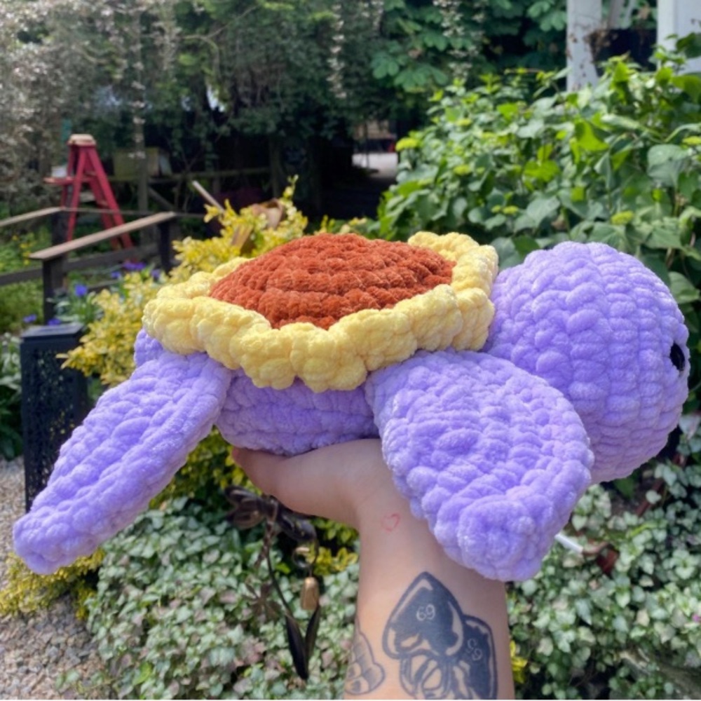Handmade Crochet Turtle Plushie – Purple & Sunflower Shell